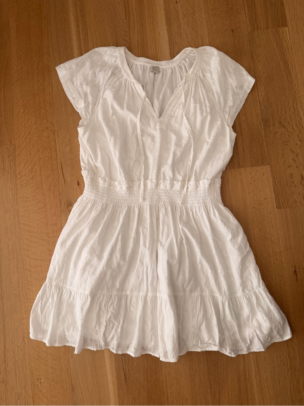 LOFT White Smocked-Waist Short Sleeve Dress